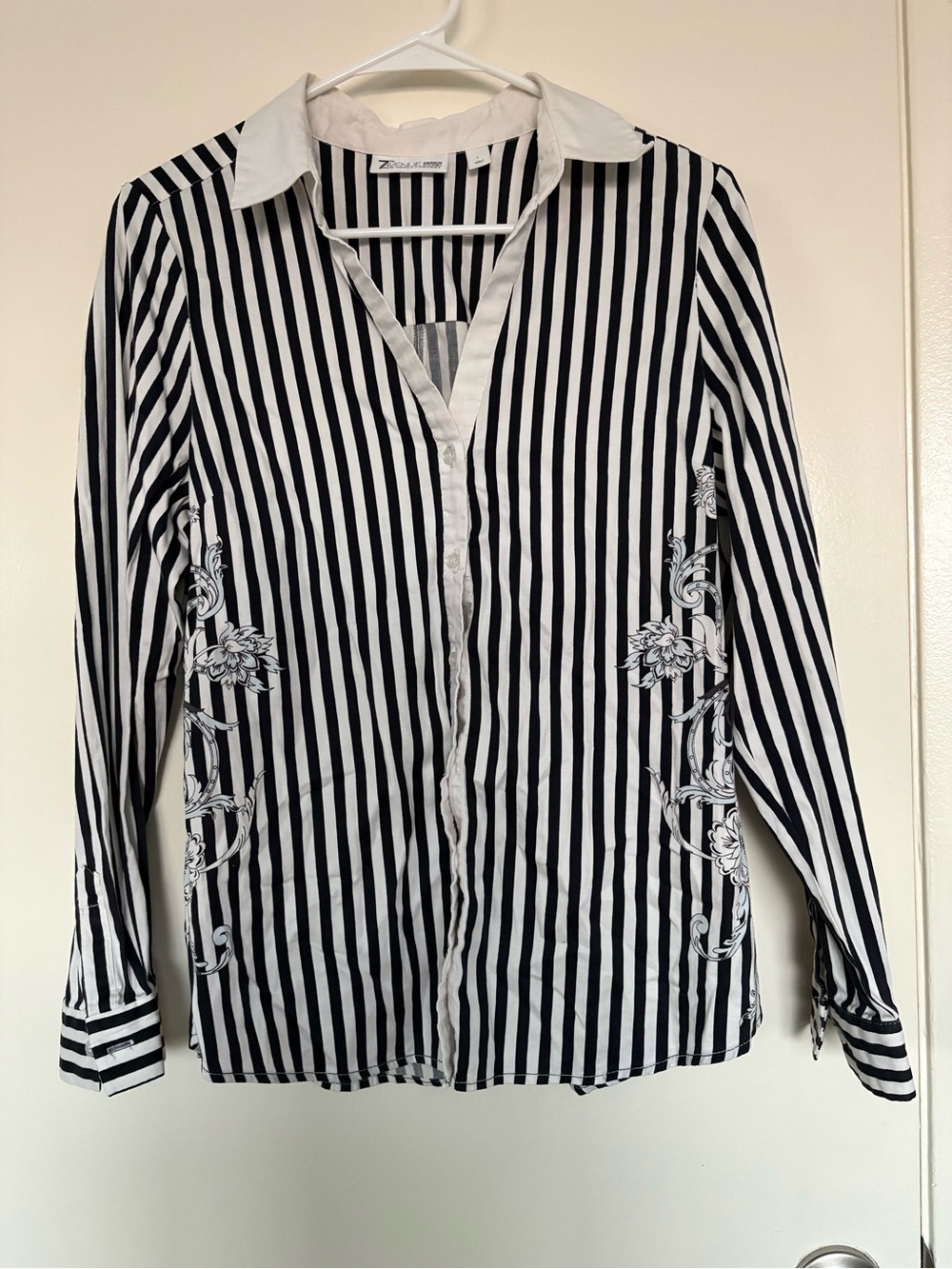 7th Avenue Vertical Stripe Button-Down Shirt with Floral Side Embroidery